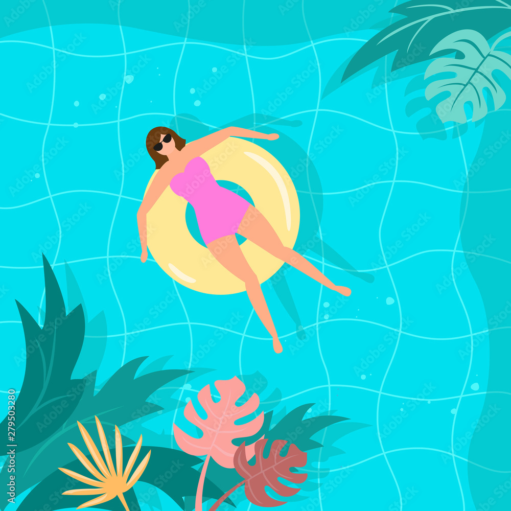 Naklejka premium Summer landscape with tropical plants and woman in the pool.