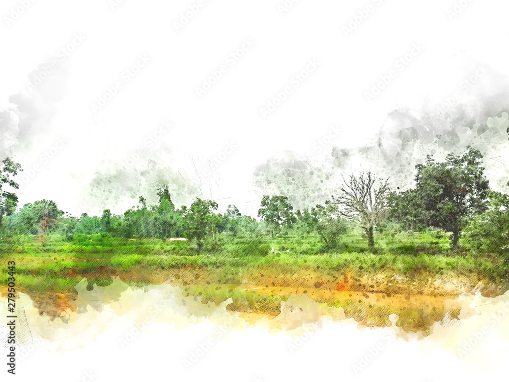 Abstract colofrul tree land field landscape on watercolor illustration painting background. - obrazy, fototapety, plakaty 