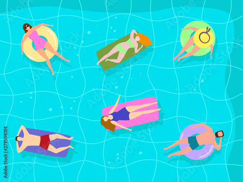 Summer landscape with happy tourists in the pool.