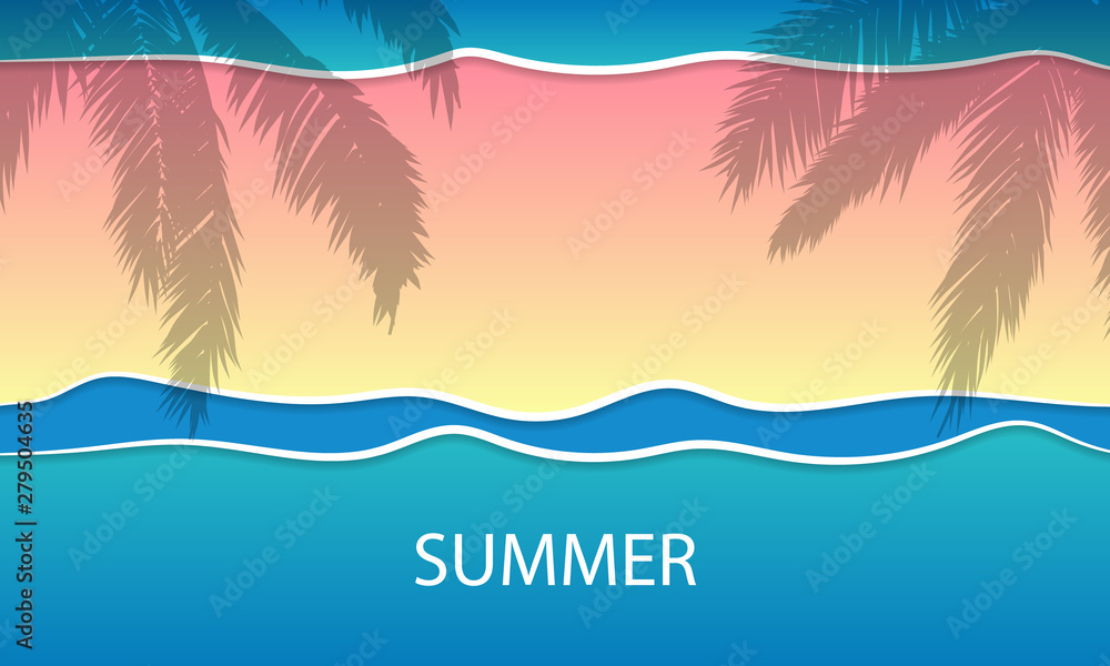 Summer blue banner with the effect of tropical leaves, vector art illustration.