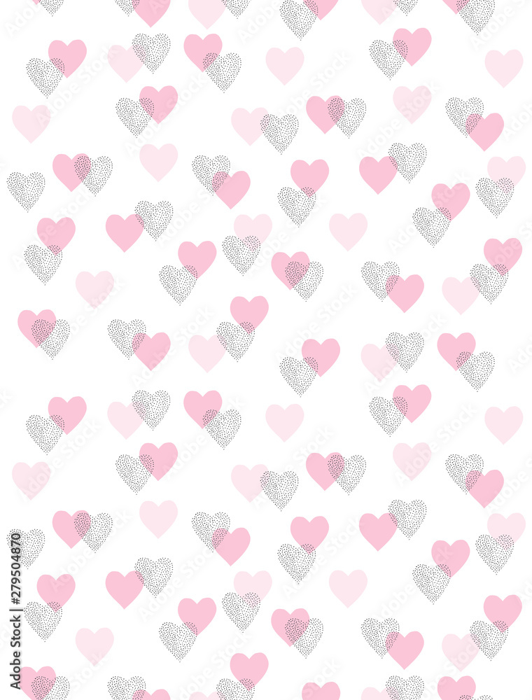 Cute Romantic Vector Pattern with Pink and Black Hearts Isolated on a White Background. Simple Repeatable Design For Valentines Day and Wedding Decoration, Wrapping Paper, Textile. Hearts made of Dots