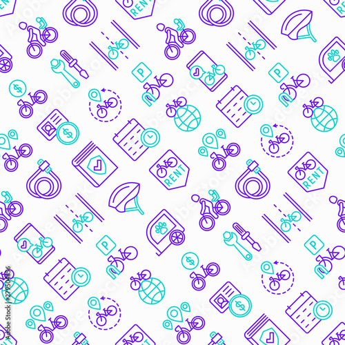 Bike rental seamless pattern with thin line icons: rates, bicycle tours, pet trailer, padlock, helmet, child seat, sharing, pointer, deposit, mobile app, cycling route. Modern vector illustration.