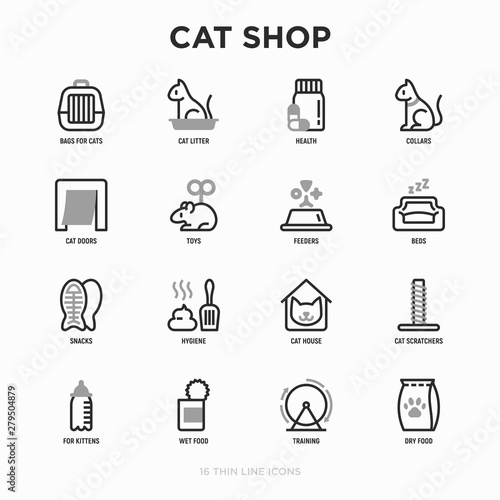 Cat shop thin line icons set: bags for transportation, hygiene, collars, doors, toys, feeders, scratchers, litter, shack, training. Modern vector illustration.