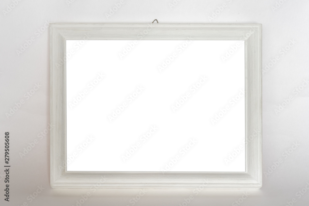 empty wooden white photo frame hanging on wall, mock-up empty wooden white photo frame hanging on wall, mock-up
