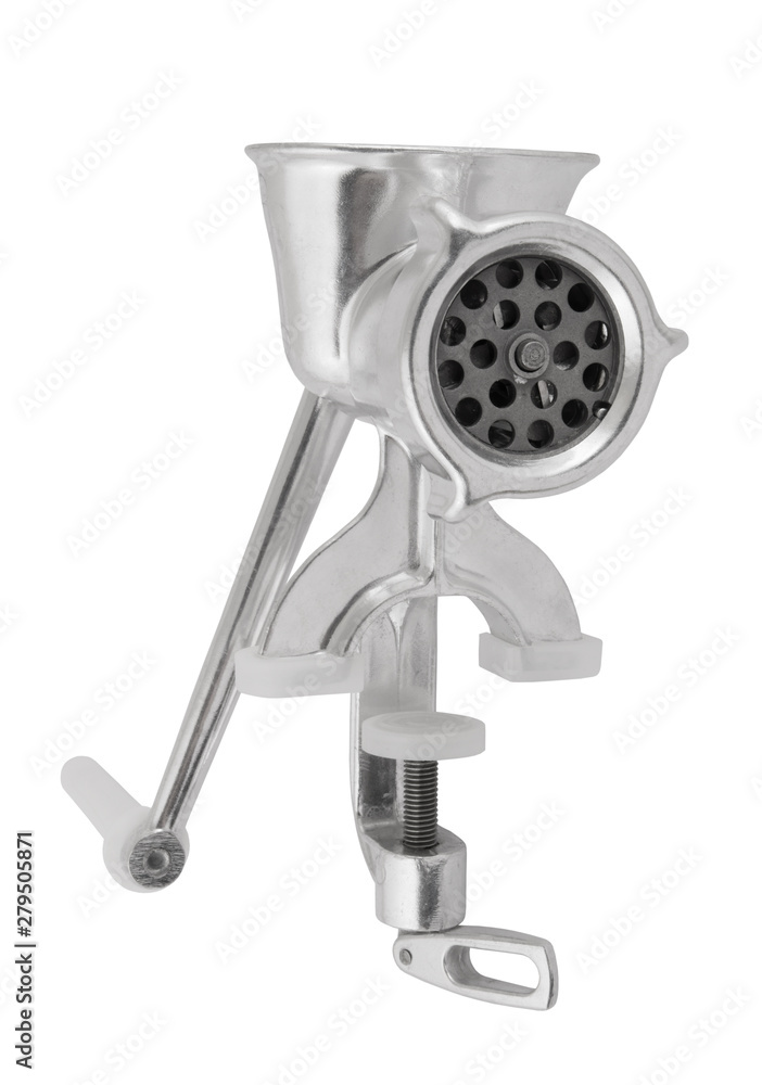 Old manual meat grinder isolated on white background Old manual meat grinder isolated on white background