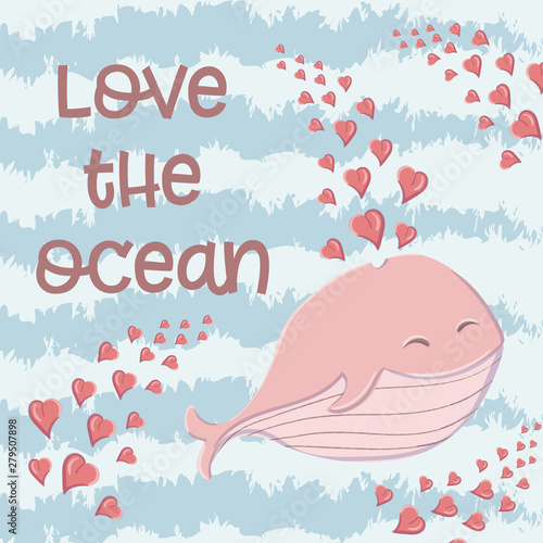Cute whale in the sea with hearts in the style of a cartoon.