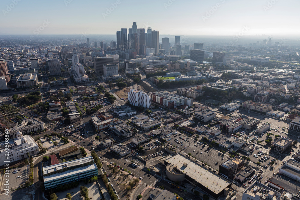 Smoggy afternoon aerial of buildings and streets north of downtown Los Angeles, California.  