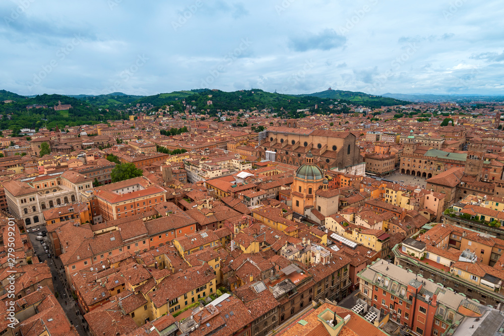 Top view from the tower Asinelli at Bologna, Italy. Old town, red tiled roofs.
