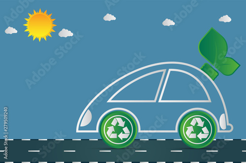 Fototapeta Naklejka Na Ścianę i Meble -  Ecology and Environmental Cityscape Concept,Car Symbol With Green Leaves Around Cities Help The World With Eco-Friendly Ideas