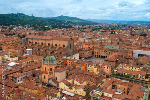 Top view from the tower Asinelli at Bologna, Italy. Old town, red tiled roofs.