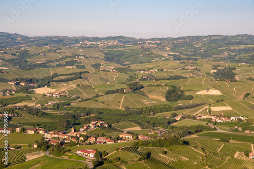 Panoramic view of the vineyard hills in the Langhe area, Unesco World Heritage Site since 2014, with the small hamlet of Annunziata, La Morra, Cuneo, Piedmont, Italy