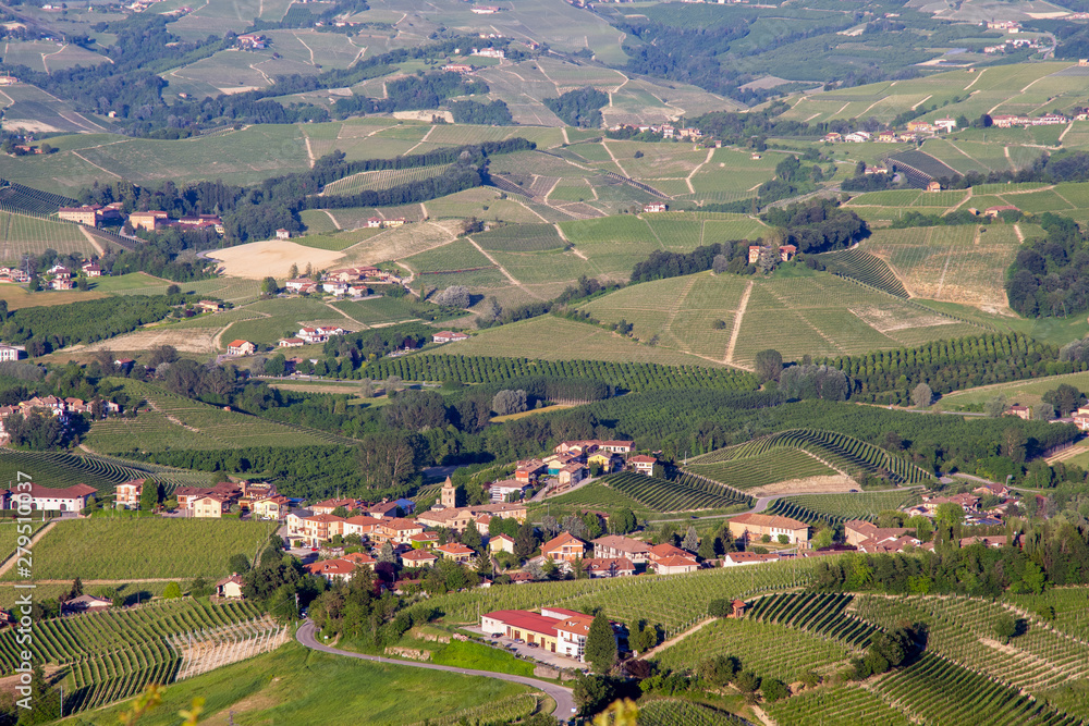Panoramic view of the vineyard hills in the  Langhe area, Unesco World Heritage Site since 2014, with the small hamlet of Annunziata, La Morra, Cuneo, Piedmont, Italy