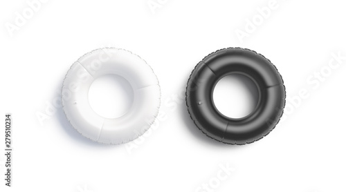 Blank black and white swim ring mockup set, top view, 3d rendering. Empty rubber donut mock up, isolated. Clear lifebuoy for pool or sea template.