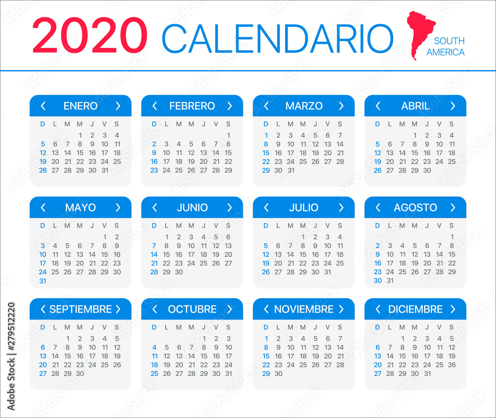 2020 Calendar - vector illustration - Spanish South Latin American Version