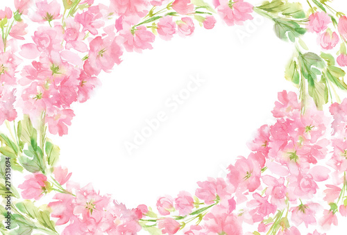 Pink abstract floral watercolor oval horizontal frame wreath arrangement pastel color flowers and leaves hand painted background in circle for text greeting wedding card logo design isolated on white 