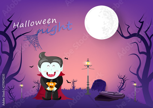 Halloween night  vampire and bats in graveyard dark forest  cartoon characters  invitation poster card background vector illustration