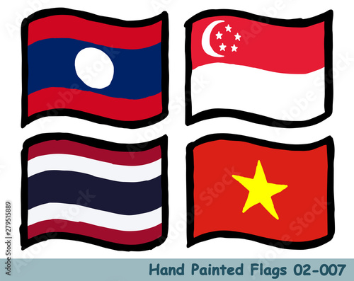 手描きの旗アイコン,ラオスの国旗,シンガポールの国旗,タイの国旗,ベトナムの国旗 Flag of the Laos, Singapore, Thailand, Vietnam, hand drawn isolated vector icon.