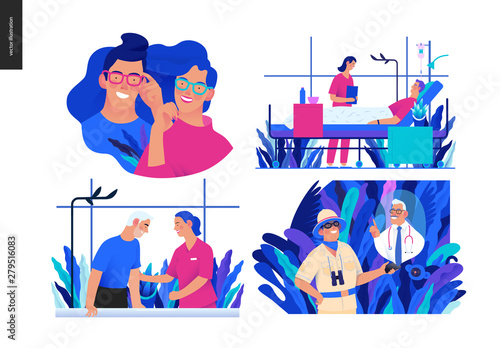 Set of medical insurance illustrations -opticians shop, hospitalization, rehabilitation physiotherapy, online doctor service -modern flat vector concept digital illustrations, insurance plan metaphor