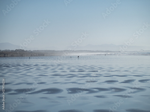 Hazy view along New Brighton beach with gulls and people walking in the distance