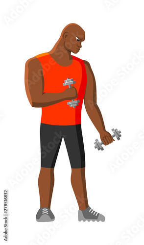 Black man doing his exersizes with dumbbells. Vector image