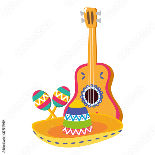 mexican hat with guitar and maracas