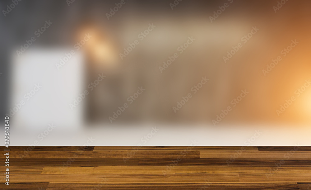 Empty interior with large window. Retro light bulb. The floor is of brown parquet.  3D rendering. wooden table. blurred background