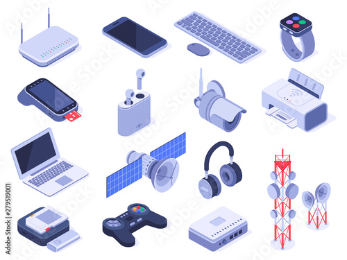 Isometric wireless devices. Computer connect gadgets, wireless connection remote controller and router device 3d vector set