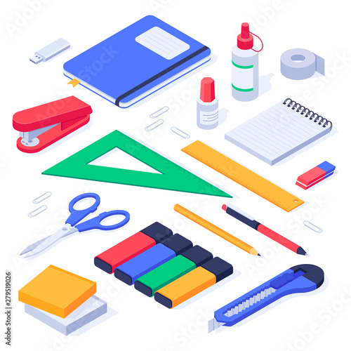 Isometric office supplies. School stationery tools, pencil eraser and pens 3d vector set