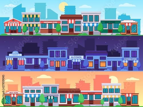 Shopping street. Small shop streets cityscape, city road with shops building and town retail store vector illustration set