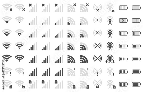 Mobile phone bar icons. Smartphone battery charge level, wifi signal strength icon and network connection levels pictogram vector set photo