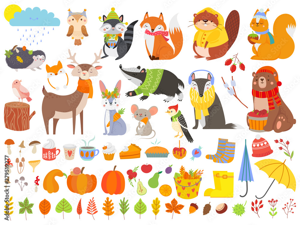 Obraz premium Autumn forest animals. Fall squirrel, funny bear and cute autumnal fox. Fallen leaves cartoon vector set