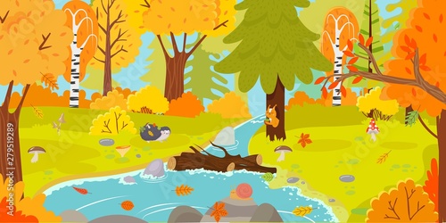 Autumn forest. Autumnal nature landscape, yellow forests trees and woodland fall leaves cartoon vector illustration