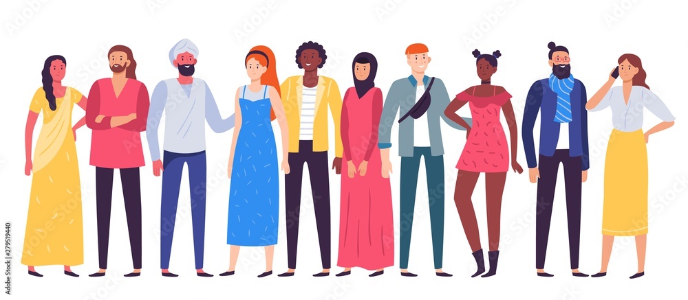 Multiethnic people group. Workers team, diverse people standing together and coworkers in casual outfit flat vector illustration - obrazy, fototapety, plakaty 