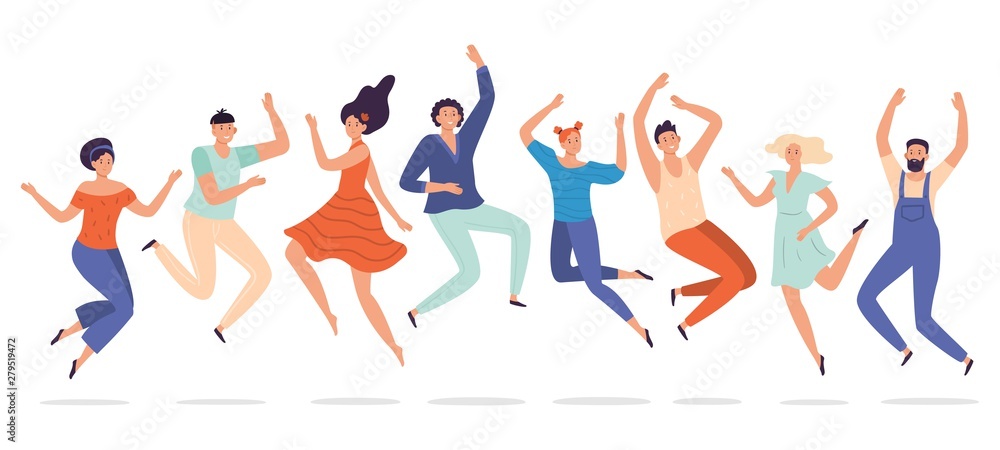 Young people jump. Jumping teenagers group, happy teen laughing students and smiling excited people flat vector illustration