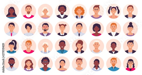 People avatar. Smiling human circle portrait, female and male person round avatars flat icon vector illustration collection