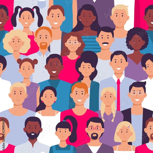 People crowd pattern. Young multiethnic men and women, people group seamless vector illustration