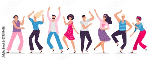 Happy dancing people. Friends dance, club female and male dancers flat vector illustration