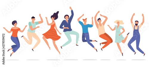 Young people jump. Jumping teenagers group, happy teen laughing students and smiling excited people flat vector illustration