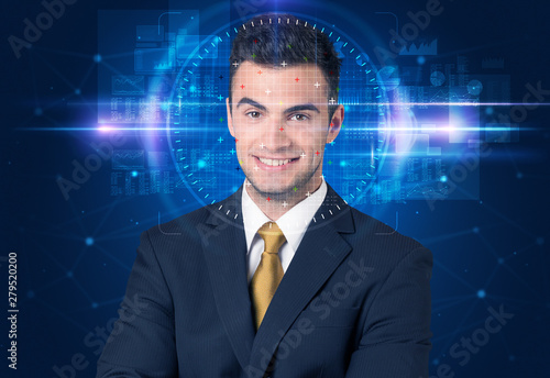 Facial recognition system. Young man on blue background