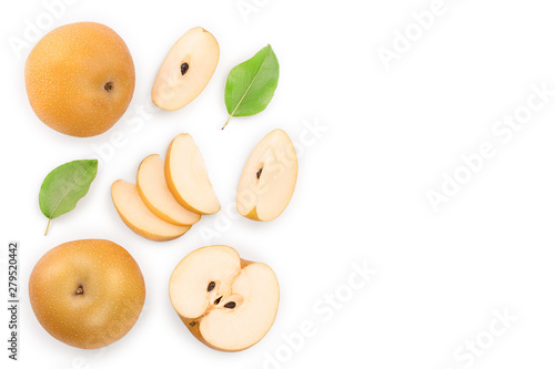 Fresh asian pear with leaves isolated on white background with copy space for your text. Top view. Flat lay.