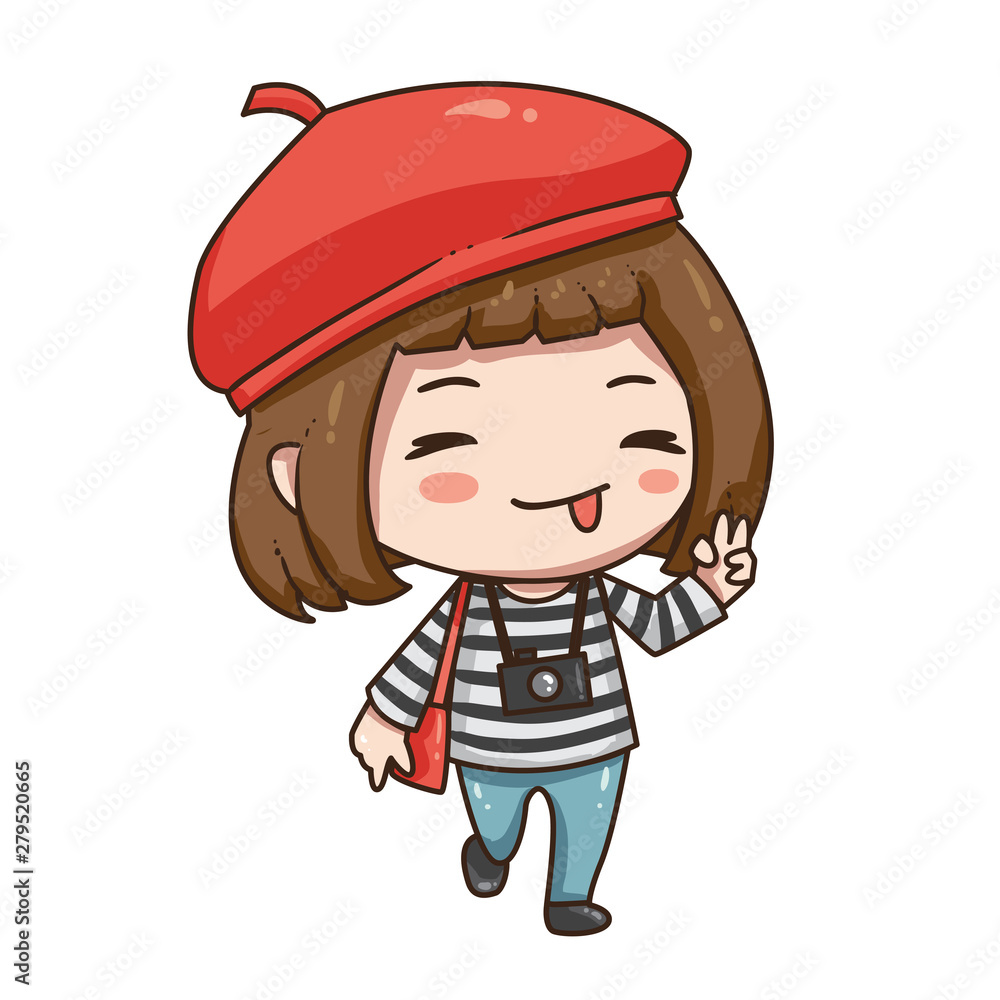 Vector illustration of cute chibi character isolated on white background.  The girl traveler in red beret with camera. Stock Vector | Adobe Stock