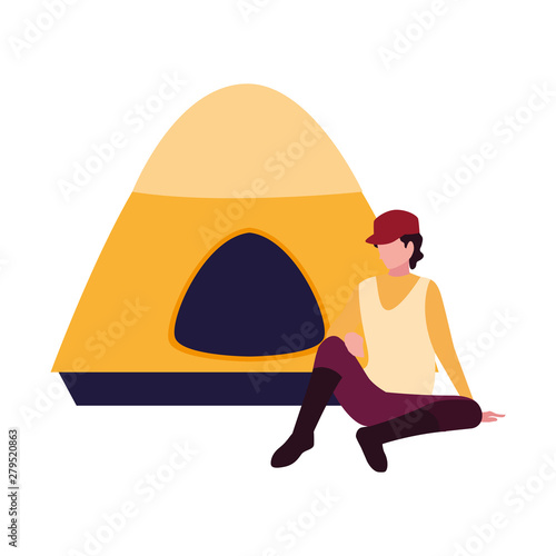 man with tent camping hiking