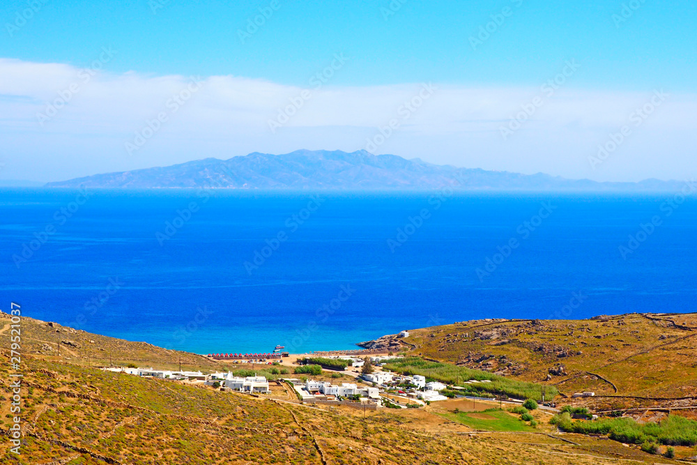 panoramic view of Kalafati Bay and Lia Beach, in southern Mykonos, Cyclades island in the heart of the Aegean Sea