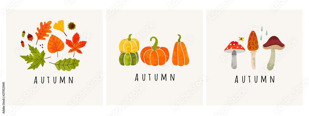 Autumn mood. Set of three colored trendy vector illustrations. Hand drawn various mushrooms, pumpkins and leaves. Flat design. Stamp texture. Greeting cards. Every illustration is isolated - obrazy, fototapety, plakaty 