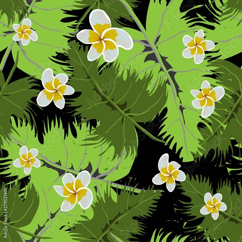 Trendy pattern with tropical leaves seamless on dark background. Jungle vector illustration.