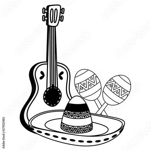 mexican hat with guitar and maracas