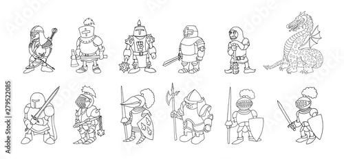 Coloring page set of cartoon medieval knights prepering for Knight Tournament