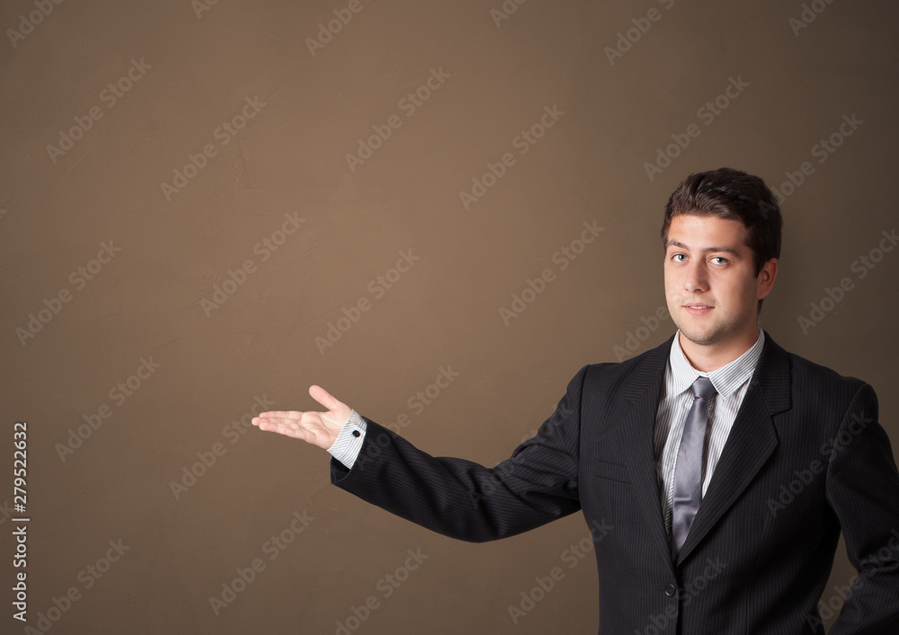 Young person presenting something with empty space Young person presenting something with empty space