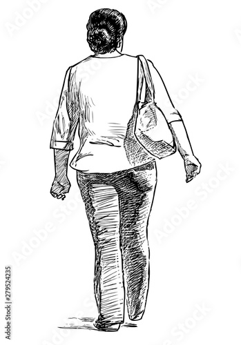 Hand drawing of a townswoman going down the street