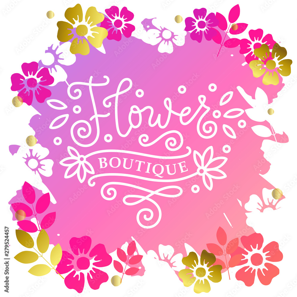 Modern mono line calligraphy lettering of Show Room in white on pink background with frame of flowers Modern mono line calligraphy lettering of Show Room in white on pink background with frame of flowers